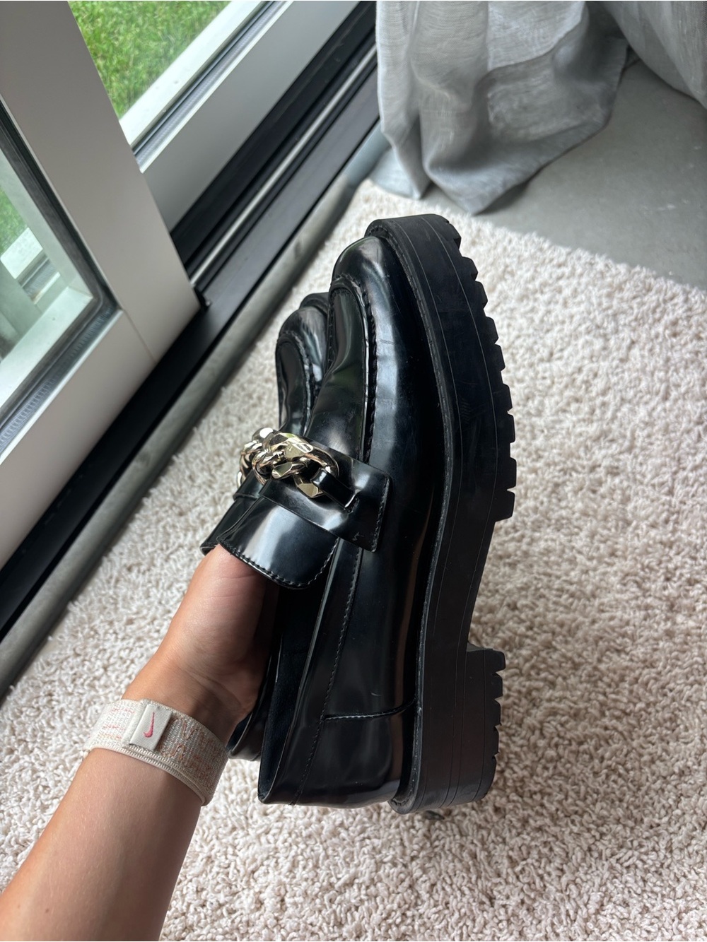 ZARA Black Patent Chain-Trim Lug Sole Loafers - Picture 2 of 3